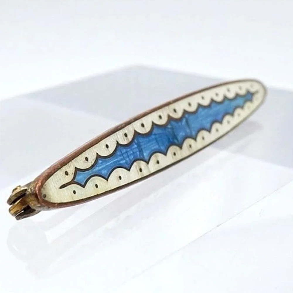Antique Victorian Guilloche Enamel Bar Pin Blue White Brass Brooch Edwardian